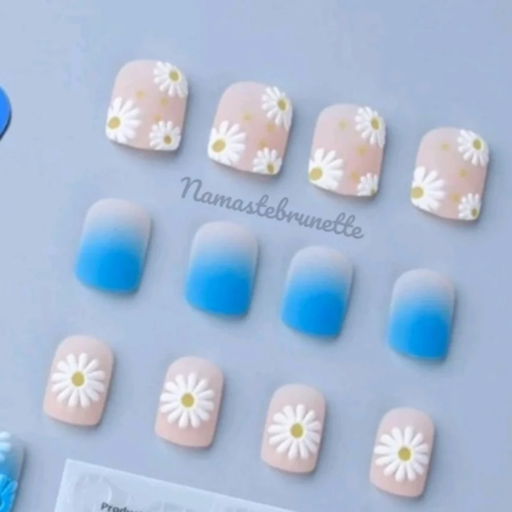 2/$16 Boho Blue Ombe Daisy Press On Nails